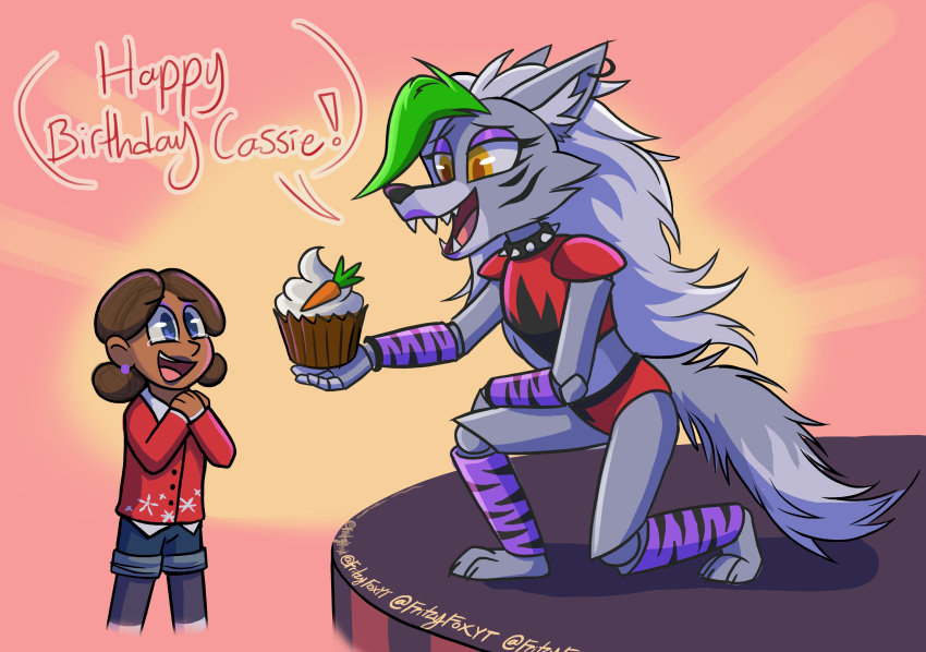 absurd_res animatronic anthro cassie_(fnaf) clothed clothing collar duo ear_piercing english_text female five_nights_at_freddy's five_nights_at_freddy's:_security_breach food fritzyfoxyt happy_birthday hi_res holding_food holding_object human kneeling machine mammal on_one_knee piercing robot roxanne_wolf_(fnaf) scottgames spiked_collar spikes steel_wool_studios text