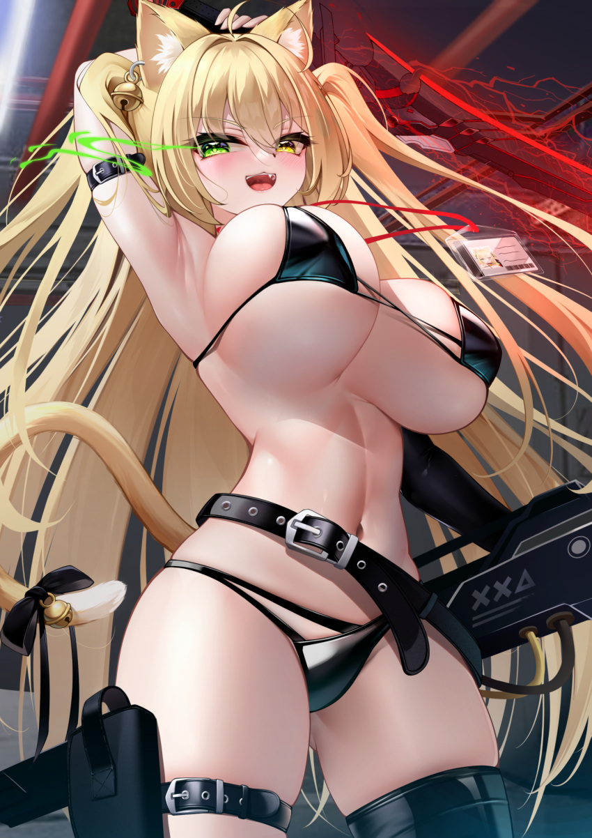 1girl :3 ahoge animal_ears arm_behind_head arm_belt arm_up armpits ass_visible_through_thighs bell belt bikini black_bikini black_thighhighs blonde_hair blush bouncing_breasts bow breasts cat_ears cat_tail cleavage covered_nipples cowboy_shot ear_bell elbow_gloves eye_trail from_below gloves green_eyes gun hair_between_eyes heterochromia highres id_card jingle_bell lanyard large_breasts light_trail linea_alba long_hair looking_at_viewer loose_belt mepurin_(scarlet59833) micro_bikini narrow_waist navel open_mouth original rifle shiny_clothes sideboob single_glove single_thighhigh skindentation smile solo strap_gap swimsuit tail tail_bell tail_bow tail_ornament thick_eyelashes thigh_belt thigh_pouch thigh_strap thighhighs thighs tsurime twintails two_side_up underboob very_long_hair weapon yellow_eyes