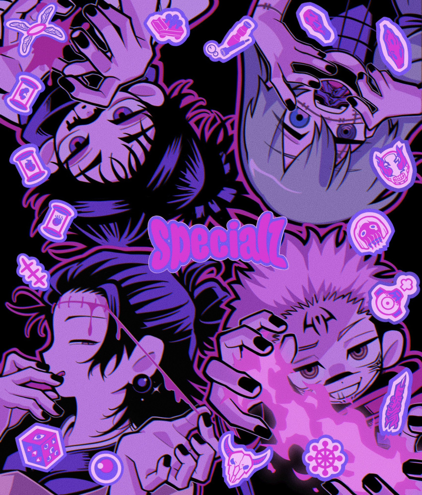 4boys :q black_background black_eyes black_hair black_kimono black_nails black_shirt blue_eyes brown_eyes choso_(jujutsu_kaisen) ear_piercing facial_tattoo fire getou_suguru getou_suguru_(kenjaku) grin hair_bun hair_pulled_back hands_up heterochromia highres inuo2772 itadori_yuuji japanese_clothes jujutsu_kaisen kimono long_hair looking_at_viewer mahito_(jujutsu_kaisen) male_focus multiple_boys narrowed_eyes open_mouth piercing pink_hair profile ryoumen_sukuna_(jujutsu_kaisen) shirt short_hair sideways_glance smile stitches tattoo teeth tongue tongue_out upside-down wide_sleeves