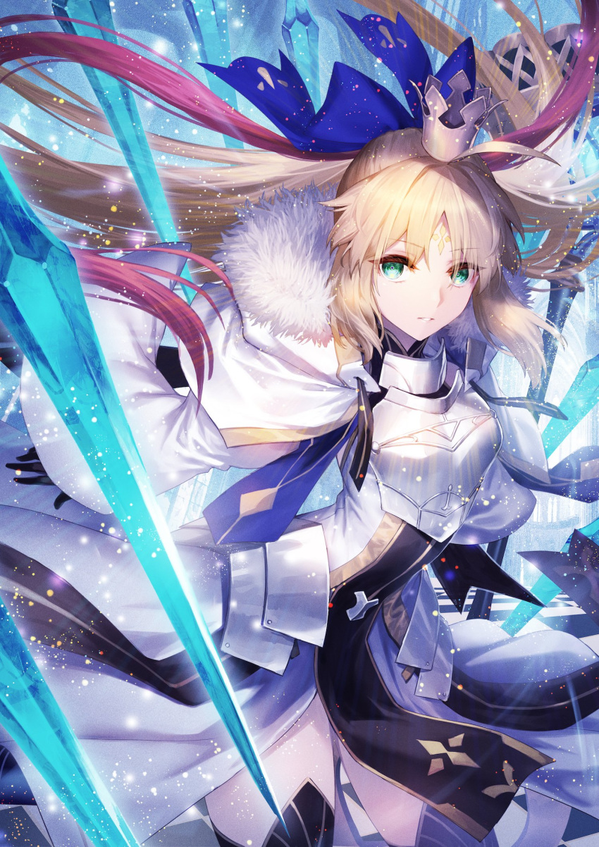 1girl ahoge armor armored_dress artoria_caster_(fate) artoria_caster_(third_ascension)_(fate) artoria_pendragon_(fate) black_gloves blonde_hair blue_bow bow breastplate breasts capelet crown dress facial_mark fate/grand_order fate_(series) forehead_mark fur-trimmed_capelet fur_trim gloves green_eyes hair_bow highres long_hair long_sleeves looking_at_viewer nakamura_eight ornament ribbon solo very_long_hair white_dress