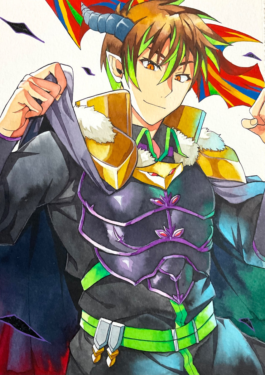 1boy armor belt breastplate brown_eyes brown_hair cape collared_shirt color_ink_(medium) dark_rance demon_boy demon_horns green_hair highres horns looking_at_viewer miita multicolored_hair pointy_ears rance_(series) rance_10 shirt simple_background smile solo traditional_media two-tone_hair uniform