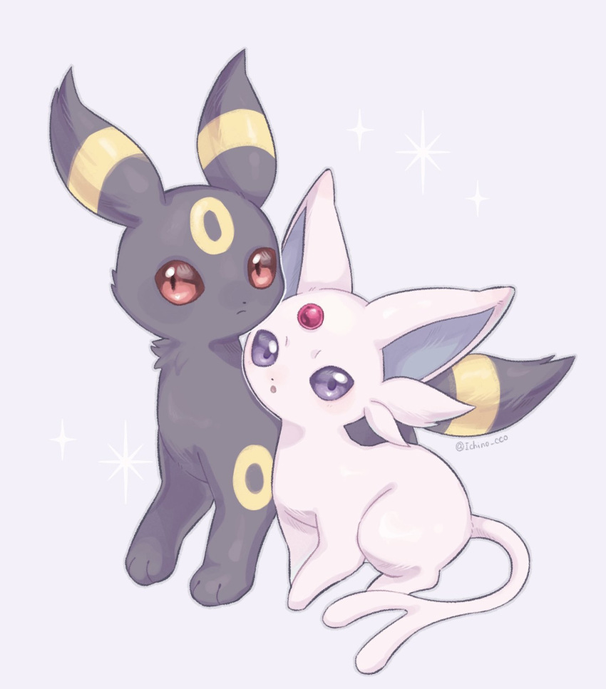 :o closed_mouth commentary_request espeon forehead_jewel grey_background highres ichino_cco looking_at_viewer no_humans pokemon pokemon_(creature) purple_eyes red_eyes twitter_username umbreon watermark