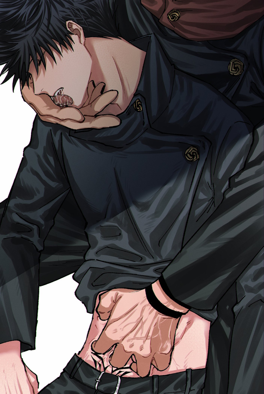 2boys after_kiss arm_tattoo black_hair black_jacket black_nails black_pants blush buttons closed_eyes clothes_lift commentary_request fushiguro_megumi fushirun_rung hand_mouth hand_on_another's_stomach highres hood hoodie jacket jujutsu_kaisen long_sleeves male_focus multiple_boys pants pubic_tattoo red_hoodie ryoumen_sukuna_(jujutsu_kaisen) saliva school_uniform shirt short_hair spiked_hair tattoo tongue tongue_out yaoi