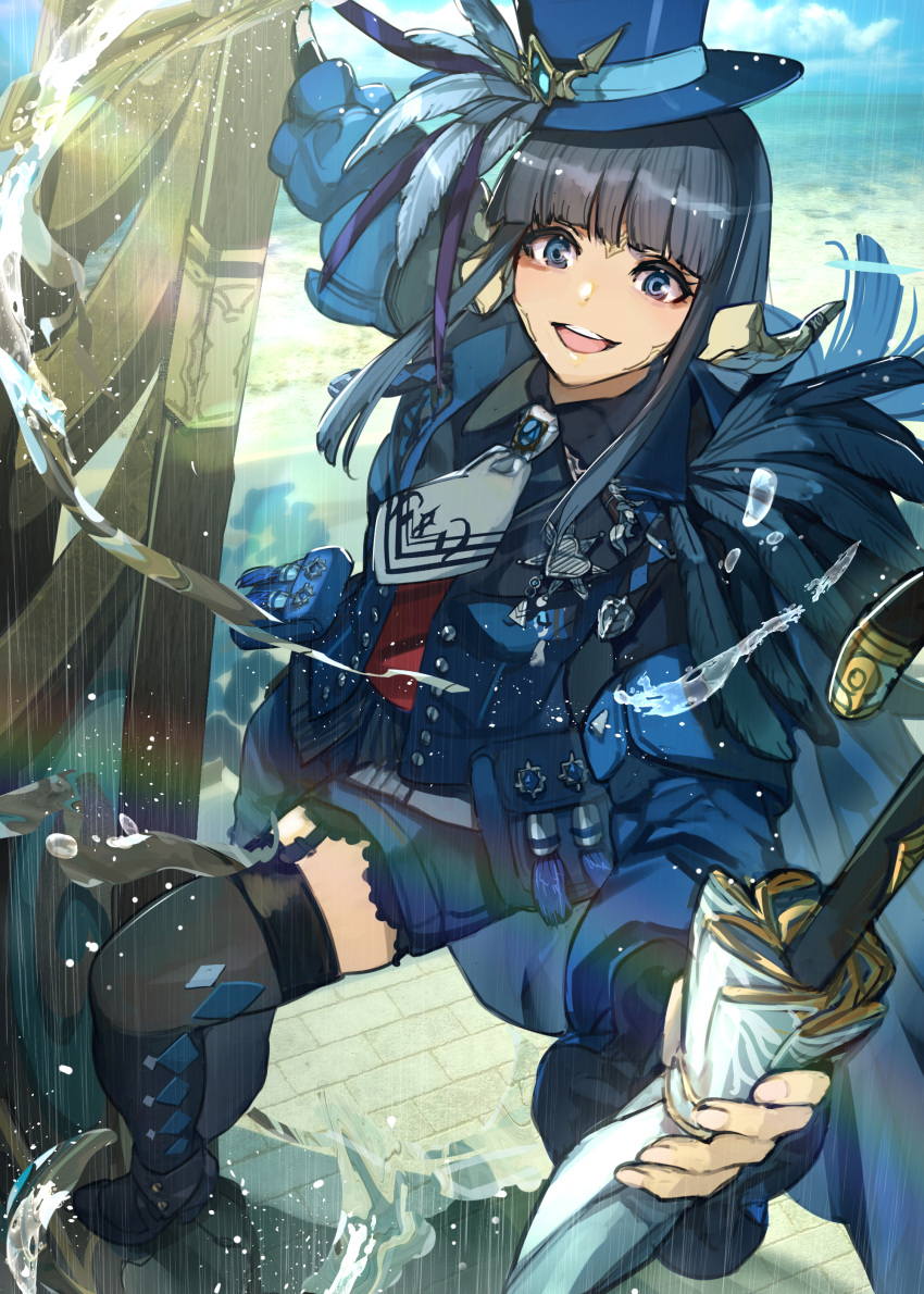 1girl absurdres au_ra black_hair black_thighhighs blue_eyes blue_mage blunt_bangs dragon_horns final_fantasy final_fantasy_xiv garter_straps hat hide_(hideout) highres holding holding_umbrella horns long_hair open_mouth rain scales solo thighhighs top_hat umbrella warrior_of_light_(ff14)