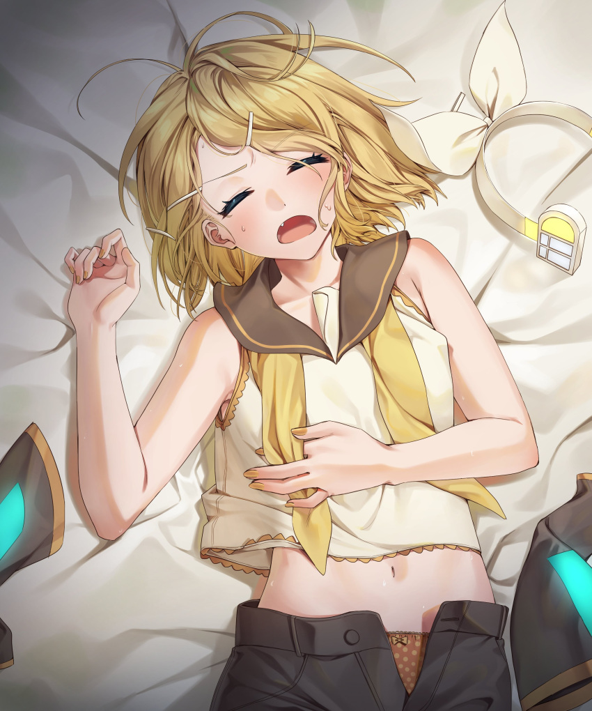 1girl absurdres bare_arms bare_shoulders bed_sheet black_shorts black_sleeves blonde_hair bow closed_eyes detached_sleeves fang hair_bow hair_ornament hairband hairband_removed hairclip hairclip_removed hand_on_own_stomach headphones headphones_removed headset highres hot inu8neko kagamine_rin lying messy_hair midriff navel neckerchief on_back on_bed open_fly open_mouth orange_panties panties polka_dot polka_dot_panties sailor_collar sailor_shirt shirt short_hair shorts sleeveless sleeveless_shirt sleeves_removed solo sweat underwear undone_neckerchief vocaloid white_bow white_shirt yellow_neckerchief