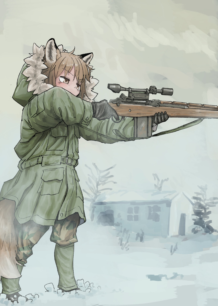 1girl absurdres animal_ears battle_rifle black_gloves brown_eyes brown_hair camouflage fox_ears fox_girl fox_tail fur-trimmed_jacket fur_trim gloves green_jacket green_pants gun highres jacket m14 original pants rifle scope snow solo standing tail weapon woodland_camouflage yihan_world