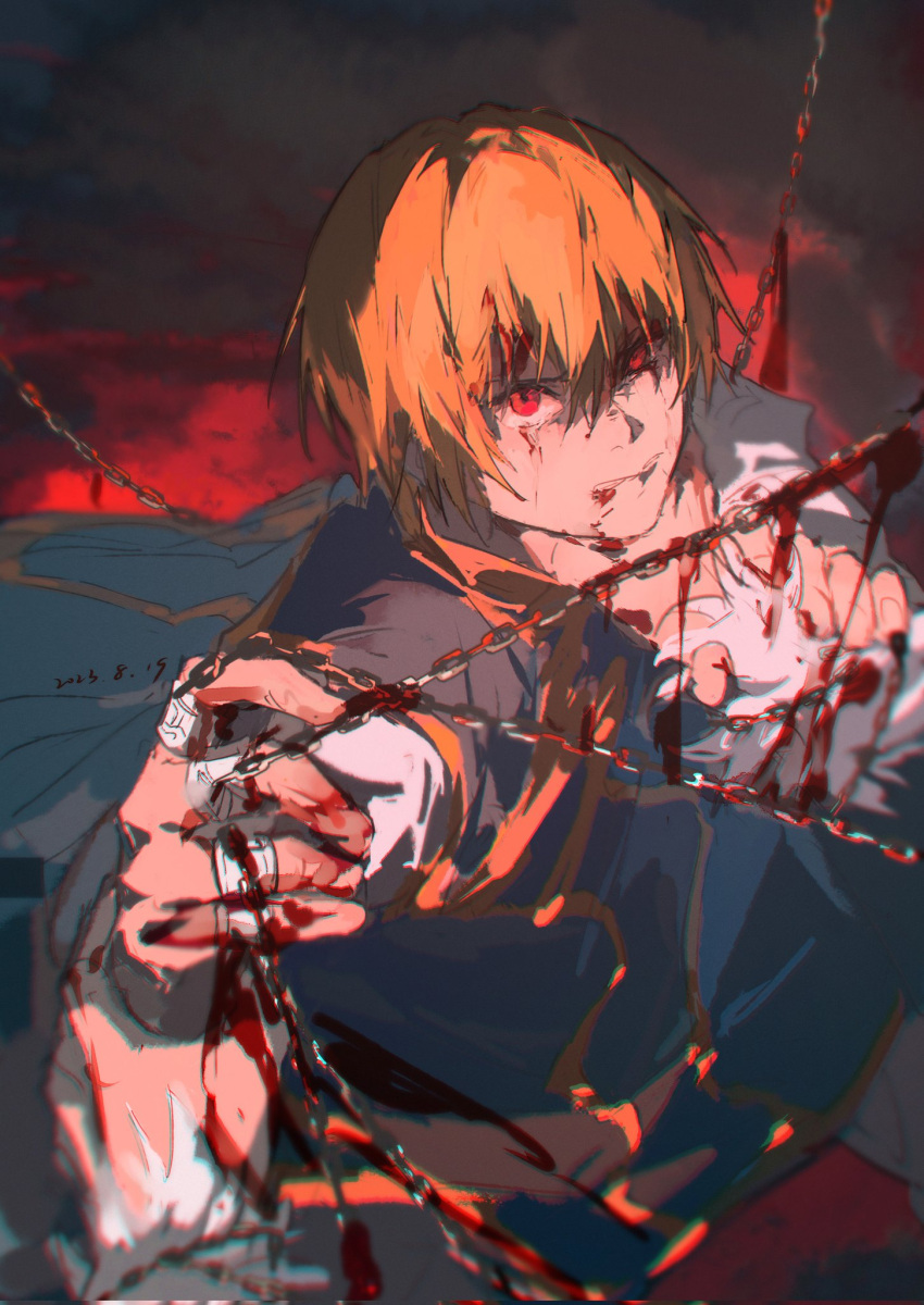 2boys blonde_hair blood blood_on_clothes blood_on_face blood_on_hands chain chrollo_lucilfer dated hair_between_eyes highres hunter_x_hunter injury jewelry kurapika looking_at_viewer male_focus mei_ren multiple_boys multiple_rings out_of_frame outdoors red_eyes ring short_hair solo_focus upper_body