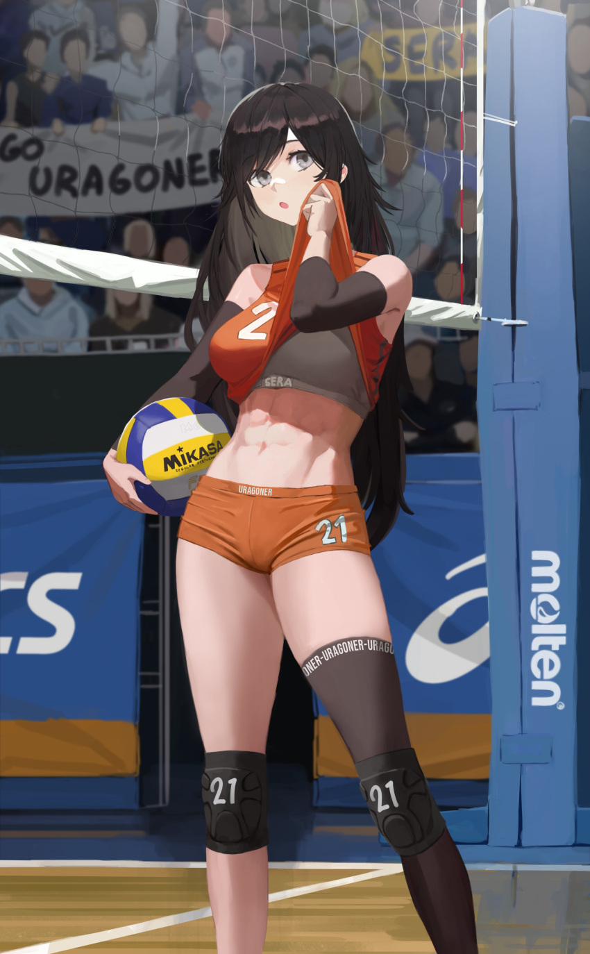 1girl :o abs absurdres audience ball banner black_hair black_thighhighs brand_name_imitation commission darr1o feet_out_of_frame grey_eyes grey_sports_bra gym highres knee_pads long_hair messy_hair midriff navel orange_shorts original second-party_source sera_(judgemint) shorts single_thighhigh solo_focus sports_bra thighhighs uragoner volleyball volleyball_(object) volleyball_net wiping_face wooden_floor