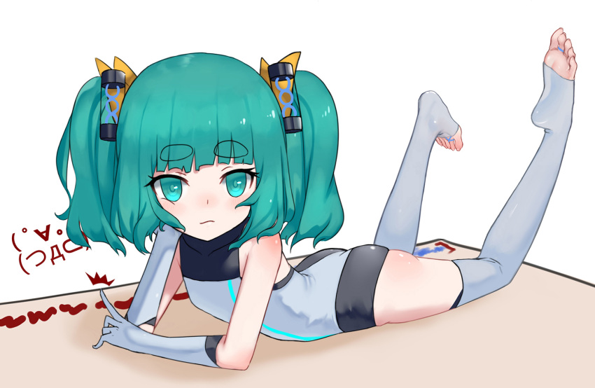 1girl :s ^^^ acfun ass bare_shoulders blunt_bangs blush bow chaowei_suzhi feet feet_up flat_chest full_body gloves green_eyes green_hair hair_bow hair_ornament hand_on_own_cheek hand_on_own_face head_rest kaomoji leotard looking_at_viewer lying medium_hair neon_trim on_stomach reed_girl short_eyebrows simple_background sleeveless_turtleneck_leotard solo the_pose thighhighs third-party_source toeless_legwear turtleneck_leotard twintails white_background white_gloves white_leotard white_thighhighs yellow_bow