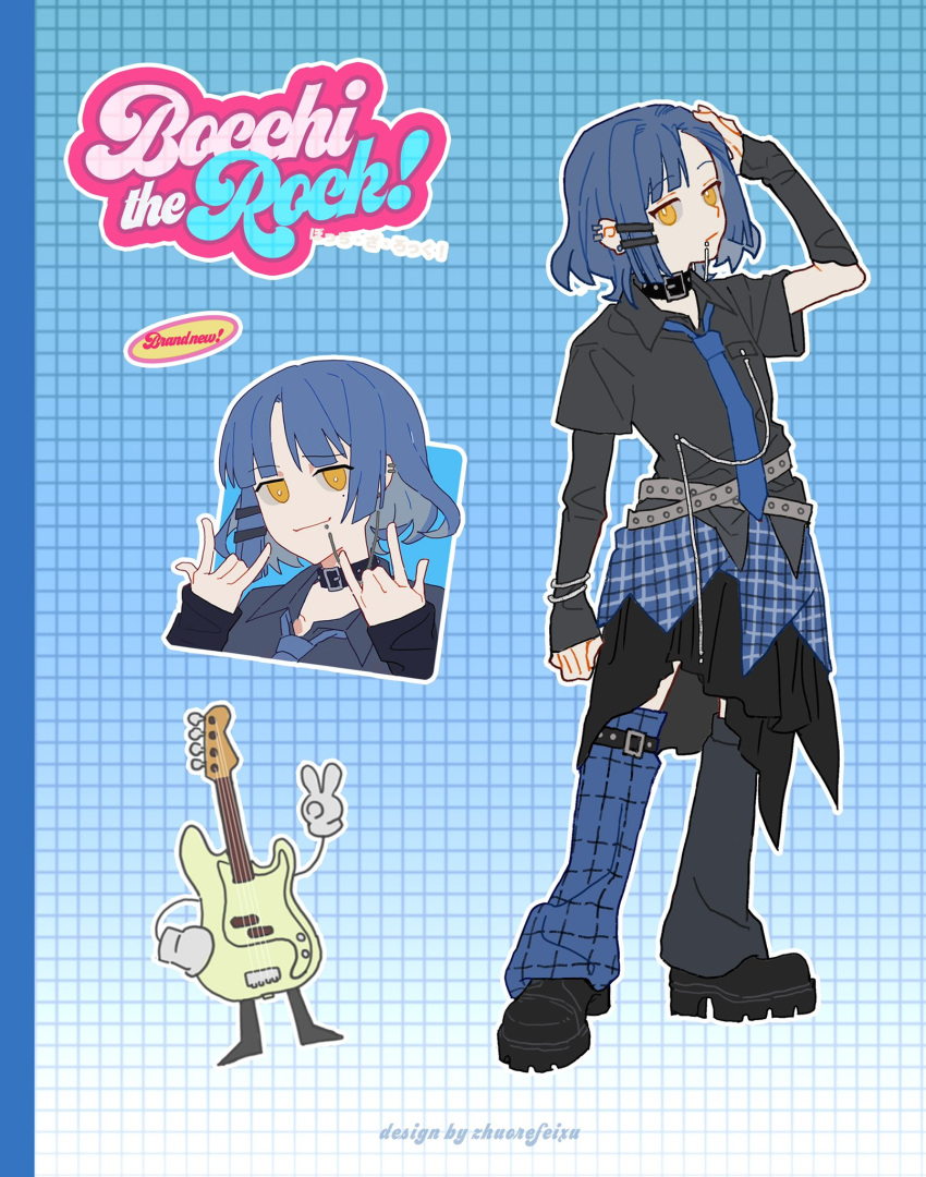 1girl artist_name bass_guitar belt black_choker black_shirt blue_hair blue_necktie bocchi_the_rock! boots choker ear_piercing highres instrument leg_warmers lip_piercing multiple_belts multiple_piercings necktie piercing shirt yamada_ryo yellow_eyes zrfxdd