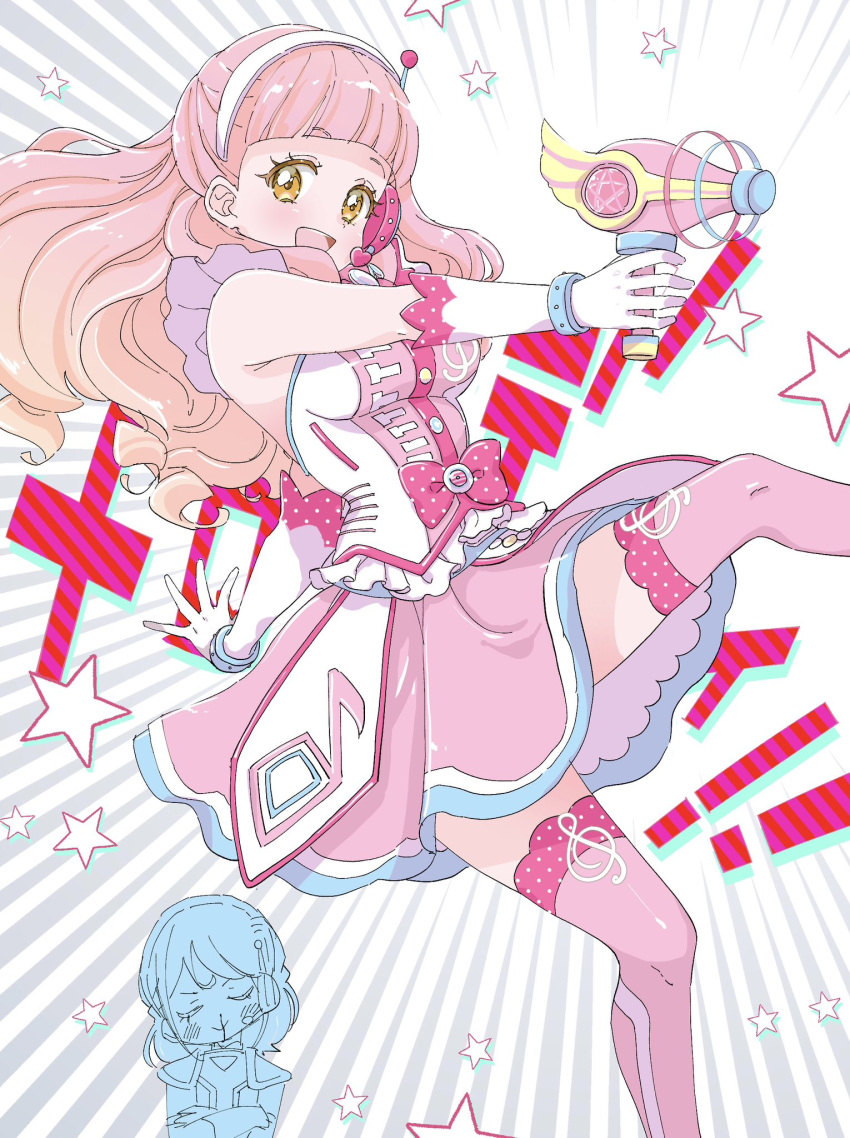 aikatsu!_(series) aikatsu_friends! bare_shoulders blood blunt_bangs bow bracelet breasts closed_eyes curly_hair dress emphasis_lines frills gloves gradient_hair gun headphones highres holding holding_gun holding_weapon jewelry leg_up looking_at_viewer medium_breasts minato_mio multicolored_hair nosebleed open_mouth pink_bow pink_dress pink_hair pink_thighhighs simple_background smile star_(symbol) thighhighs weapon white_gloves yellow_eyes yoiisand yuuki_aine zettai_ryouiki