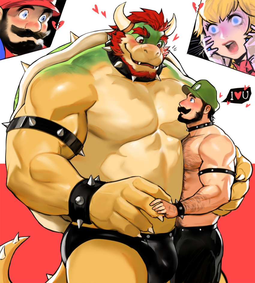 2_horns anthro bowser bracelet collar dopq duo hi_res horn human jewelry koopa luigi male male/male mammal mario mario_bros muscular muscular_anthro muscular_male nintendo princess_peach scalie size_difference spiked_bracelet spiked_collar spikes