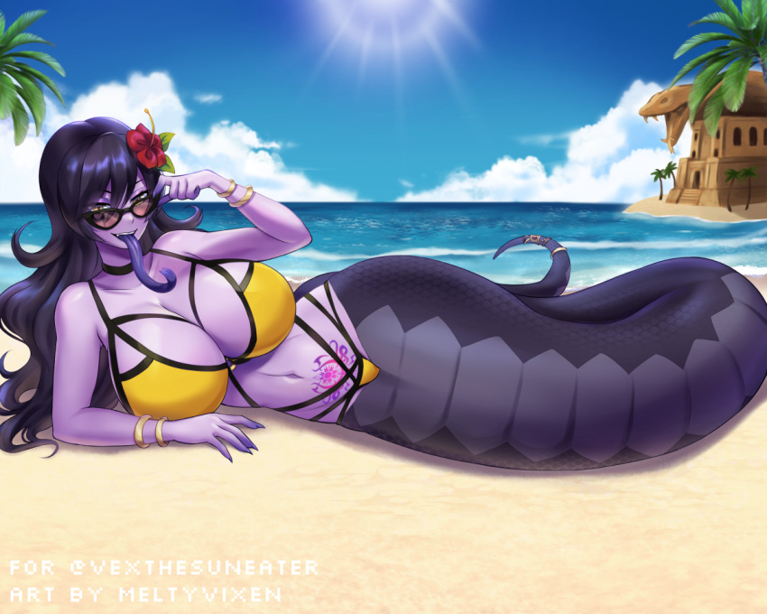 1girl adjusting_eyewear artist_name beach black-framed_eyewear black_hair bracelet breasts choker cleavage collarbone colored_skin colored_tongue day flower forked_tongue hair_flower hair_ornament indie_virtual_youtuber jewelry lamia large_breasts long_hair long_tongue looking_at_viewer lying meltyvixen monster_girl navel ocean on_side open_mouth outdoors palm_tree pubic_tattoo purple_skin purple_tongue smile solo sunglasses tattoo teeth tongue tongue_out tree upper_teeth_only vexoria_the_sun_eater virtual_youtuber wavy_hair yellow_eyes