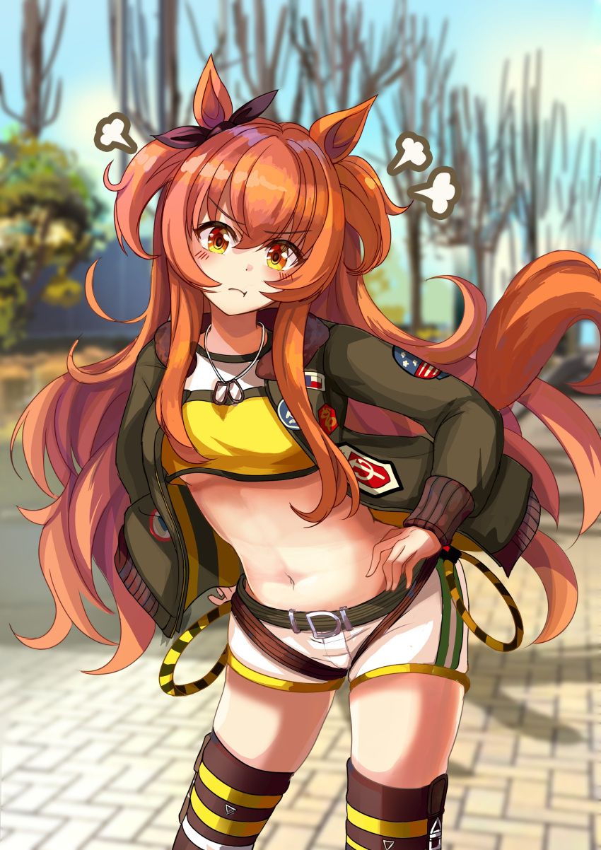 1girl absurdres animal_ears black_bow black_thighhighs blurry blurry_background bomber_jacket bow breasts commentary_request cowboy_shot dog_tags ear_bow hanamura_pink hand_on_own_hip harness highres horse_ears horse_girl horse_tail jacket long_hair long_sleeves looking_at_viewer mayano_top_gun_(umamusume) midriff navel orange_hair outdoors pout shorts small_breasts solo tail tank_top thighhighs two_side_up umamusume very_long_hair white_shorts