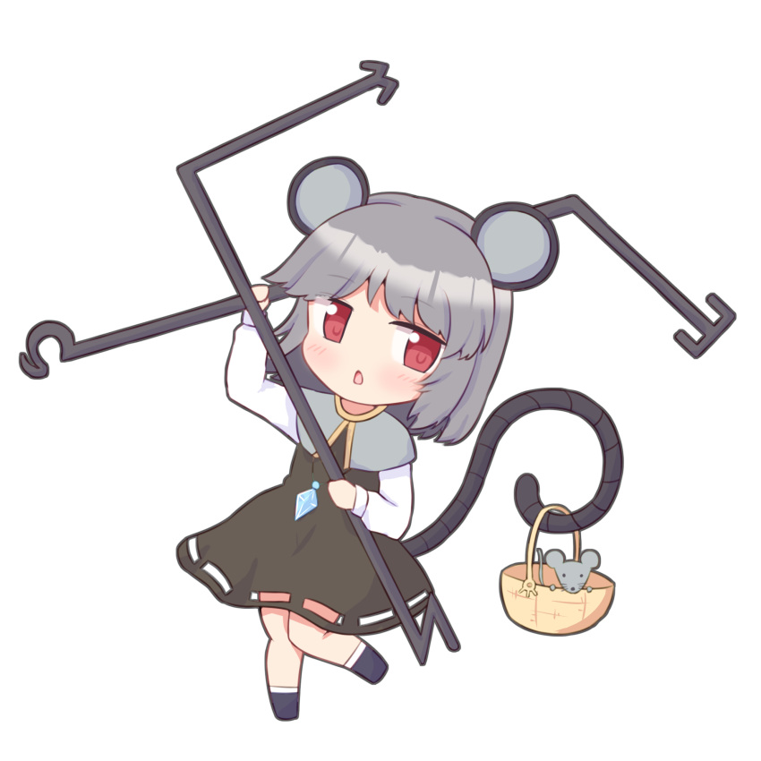 1girl animal animal_ears black_dress black_footwear blush capelet chibi dowsing_rod dress full_body grey_capelet grey_hair highres holding jewelry kominato_haru long_sleeves looking_at_viewer mouse mouse_ears mouse_tail nazrin open_mouth pendant red_eyes shoes short_hair simple_background solo tail touhou white_background