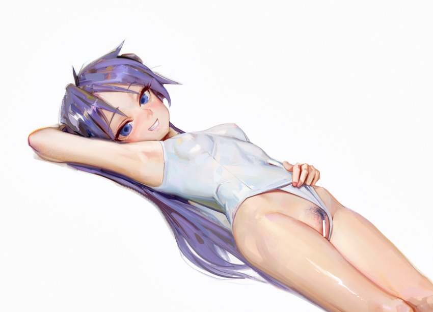 1girl absurdres arm_up bar_censor blue_eyes blue_hair censored female_pubic_hair grin highres hiiragi_kagami looking_at_viewer lucky_star lying on_back one-piece_swimsuit presenting pubic_hair pussy smile solo sweetonedollar swimsuit teeth white_one-piece_swimsuit