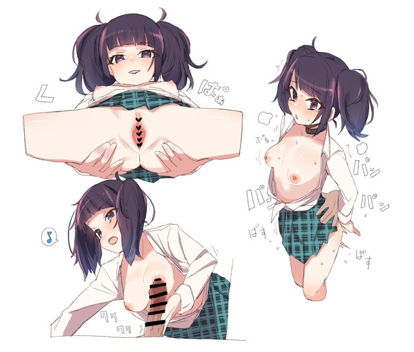 1boy 1girl bar_censor blush breasts censored commentary_request heart heart_censor hetero idolmaster idolmaster_shiny_colors long_sleeves looking_at_viewer maze_(gochama_ze_gohan) multiple_views musical_note nipples no_panties open_clothes penis penis_to_breast plaid plaid_skirt purple_eyes purple_hair pussy shirt short_twintails skirt small_breasts spoken_musical_note spread_legs spread_pussy tanaka_mamimi twintails white_background white_shirt