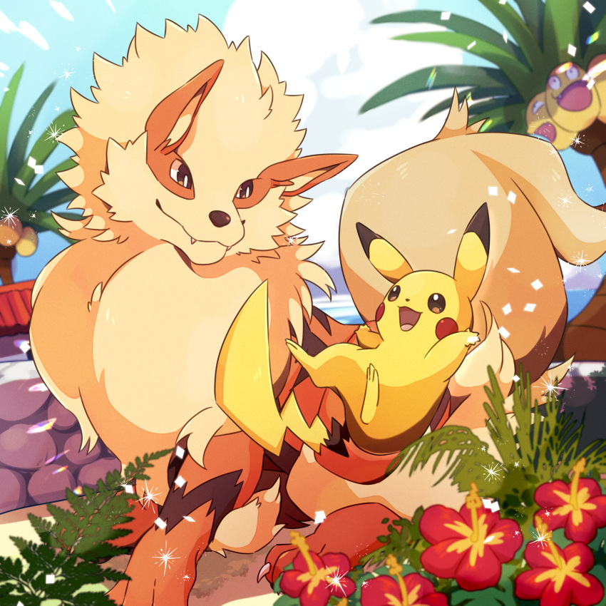 :3 alolan_exeggutor animal_focus arcanine blue_sky blurry blurry_background blurry_foreground blush_stickers bright_pupils brown_eyes closed_mouth cloud commentary_request confetti day dutch_angle eye_contact fangs fangs_out flower fluffy full_body happy highres jumping ktyon3 looking_at_another looking_to_the_side neck_fur no_humans open_mouth outdoors outstretched_arms partial_commentary pikachu pokemon pokemon_(creature) red_flower sky smile sparkle standing white_pupils
