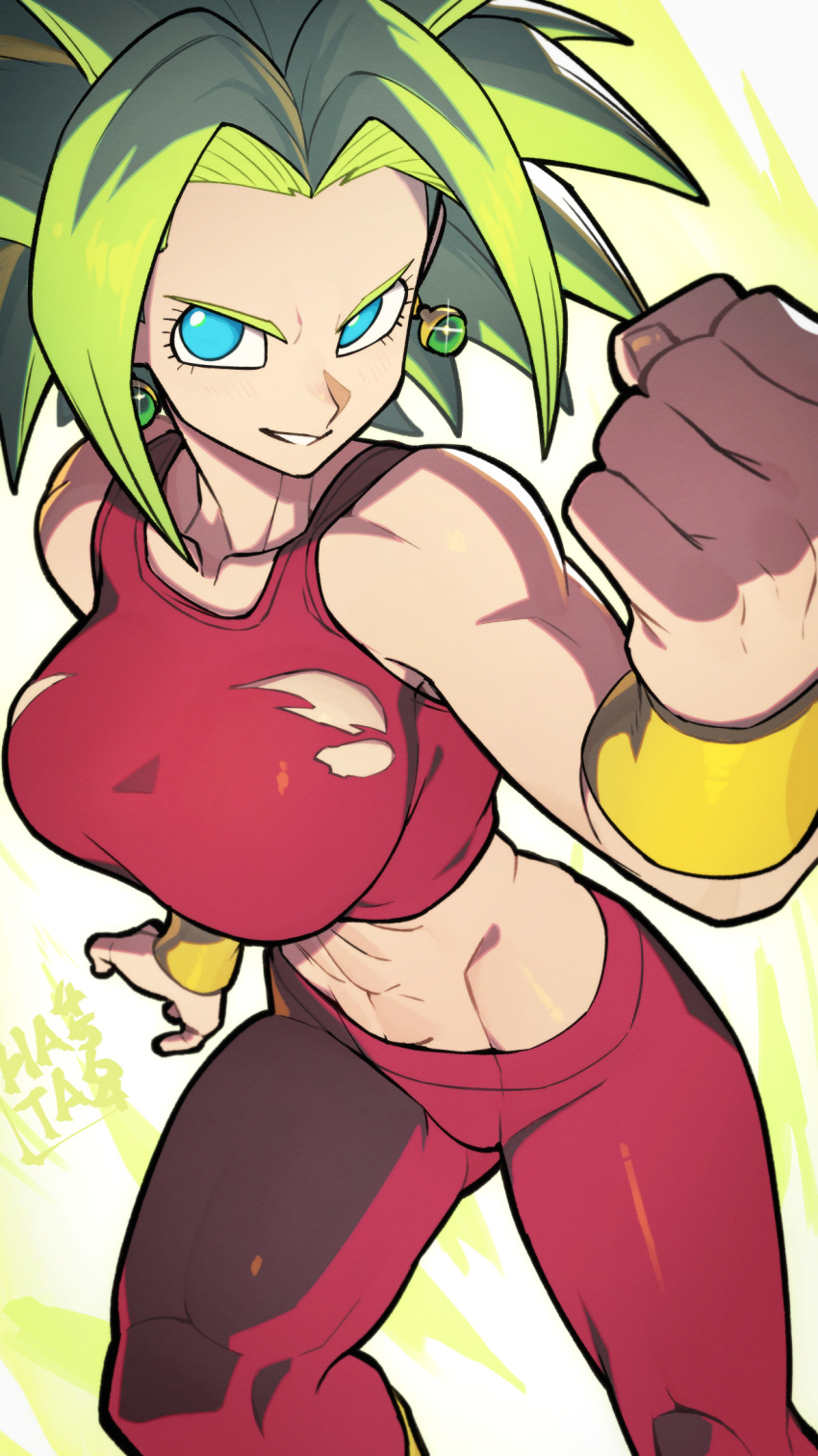 1girl abs artist_name blue_eyes breasts clenched_hand collarbone crop_top dragon_ball dragon_ball_super earrings green_hair hata4564 highres jewelry kefla_(dragon_ball) large_breasts looking_at_viewer midriff navel pants potara_earrings red_pants saiyan short_hair smile solo standing super_saiyan torn_clothes