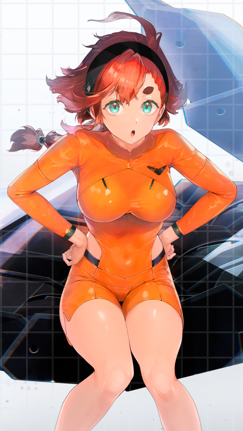 1girl :o aqua_eyes bangs_pinned_back black_hairband bodysuit breasts buttons commentary covered_navel double-breasted feet_out_of_frame gundam gundam_suisei_no_majo hair_between_eyes hair_slicked_back hairband hands_on_own_hips highres hip_vent large_breasts light_particles long_sleeves looking_at_viewer low_ponytail naruse_hirofumi open_mouth orange_bodysuit orange_shorts parted_bangs red_hair shorts solo suletta_mercury thick_eyebrows thigh_gap thighs tile_background