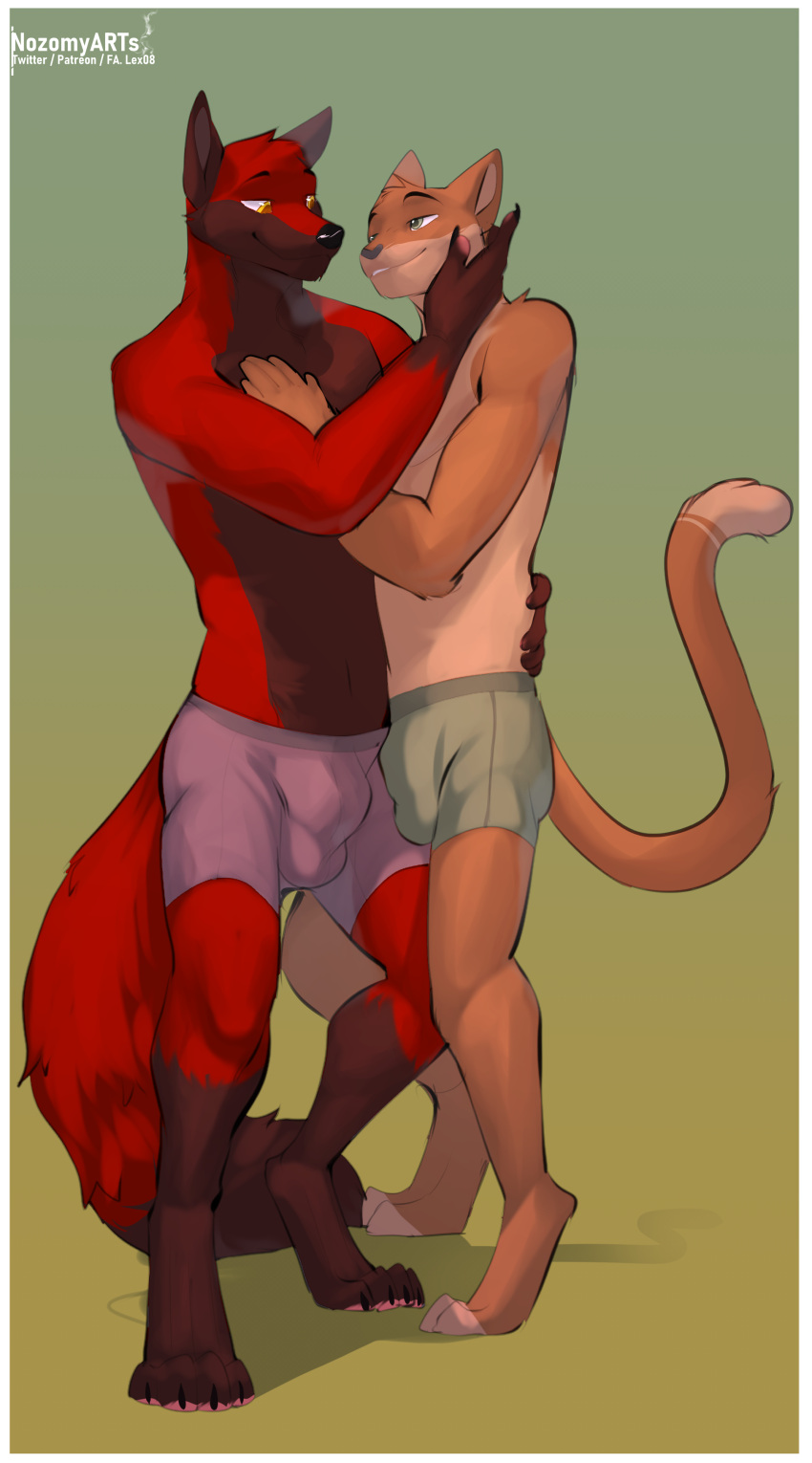 absurd_res anthro blaze_wolf border boxer_briefs bulge canid canine canis clothing domestic_cat duo embrace eye_contact felid feline felis hand_on_chest hi_res holding_face jesse_cat looking_at_another male male/male mammal nozomyarts underwear white_border wolf