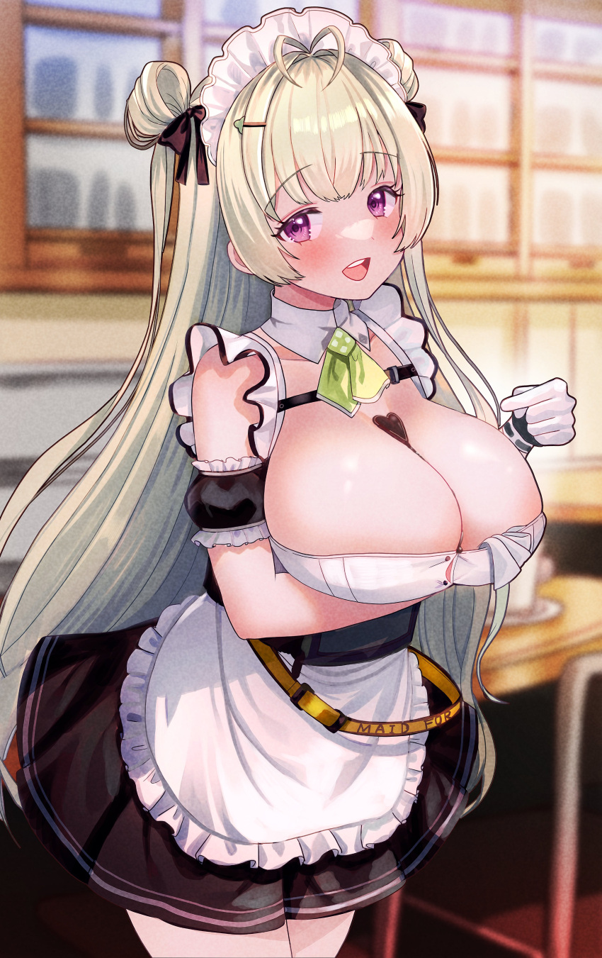 1girl absurdres antenna_hair apron arm_garter arm_under_breasts black_bow black_gloves black_skirt blush body_writing bow breast_hold breasts chest_strap chocolate chocolate_on_body chocolate_syrup cleavage cowboy_shot detached_collar double_bun food_on_body gloves goddess_of_victory:_nikke green_hair green_necktie hair_bow hair_bun hair_intakes hair_ornament hairclip highres huge_breasts kuro-ko long_hair looking_at_viewer maid maid_apron maid_headdress mole mole_on_breast necktie open_mouth pleated_skirt purple_eyes short_necktie skirt smile soda_(nikke) solo standing tongue two-tone_gloves two_side_up white_apron white_gloves