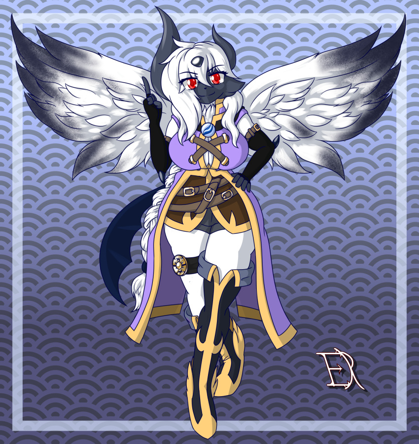 absol absolite anthro big_breasts boots bottomwear breasts cleavage_cutout clothing derthevaporeon female footwear generation_3_pokemon gesture hi_res hotpants leg_accessory legwear mega_absol mega_evolution nintendo pointing pokemon pokemon_(species) red_eyes shorts simple_background sleeveless_jacket smile smiling_at_viewer soleanna_(sugarysylvee) solo thigh_boots thigh_highs wide_hips