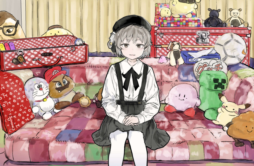 1girl ball beret black_headwear black_ribbon black_skirt brown_eyes character_doll collared_shirt copyright_request couch creeper doraemon doraemon_(character) feet_out_of_frame flower goomba grey_hair hair_flower hair_ornament hair_ribbon hands_on_lap hat hatoba_tsugu highres indoors kirby kirby_(series) light_smile long_sleeves looking_at_viewer mario_(series) mario_hat mole mole_under_eye neck_ribbon on_couch open_mouth ouka_(yama) own_hands_together pantyhose pikachu pleated_skirt pokemon quilt ribbon rose shirt shirt_tucked_in single_hair_ring sitting skirt soccer_ball solo straight-on stuffed_animal stuffed_toy suitcase super_mario_odyssey suspender_skirt suspenders teddy_bear tissue_box tsugu_(vtuber) virtual_youtuber white_flower white_pantyhose white_rose