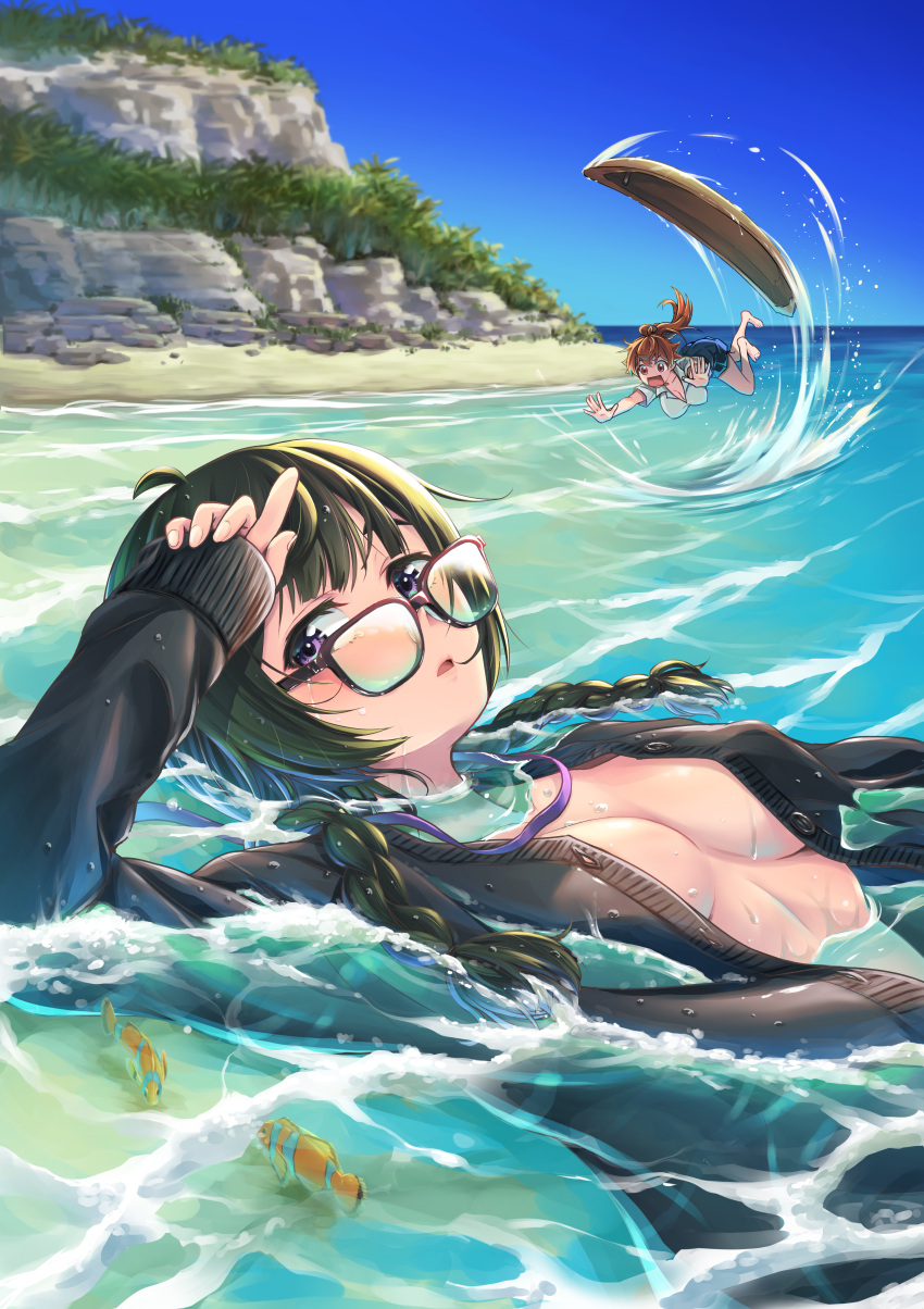 2girls absurdres afloat barefoot beach black_jacket blue_shorts blush braid breasts brown_eyes brown_hair clownfish copyright_request falling fish glasses green_hair highres jacket multiple_girls open_mouth partially_submerged purple_eyes shirt shorts surfboard twin_braids water wet white_shirt yasumura_yo