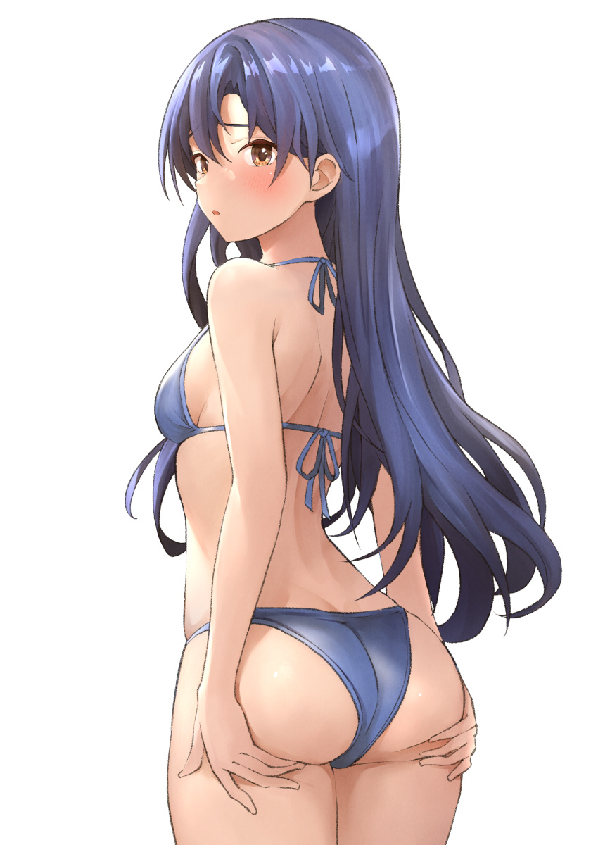 1girl :o absurdres ass ass_support b1ack_illust bikini blue_bikini blue_hair blush breasts butt_crack commentary commission dimples_of_venus hands_on_own_ass highres idolmaster idolmaster_(classic) idolmaster_million_live! kisaragi_chihaya looking_at_viewer looking_back pixiv_commission shoulder_blades simple_background skindentation small_breasts solo string_bikini swimsuit white_background