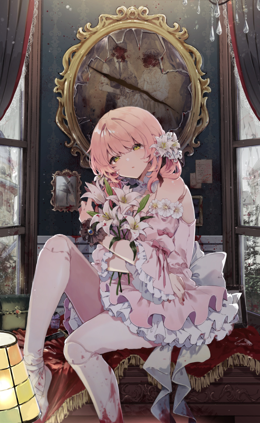 1girl bare_shoulders blood blood_on_clothes bouquet commentary_request curtains detached_sleeves doll_joints dress flower green_eyes hair_between_eyes half-closed_eyes highres hugging_object ikeuchi_tanuma indoors joints knee_up long_hair looking_at_viewer original parted_lips photo_(object) pink_dress pink_hair pink_sleeves puffy_short_sleeves puffy_sleeves shoes short_sleeves sitting solo vandalized white_flower white_footwear wide_sleeves window