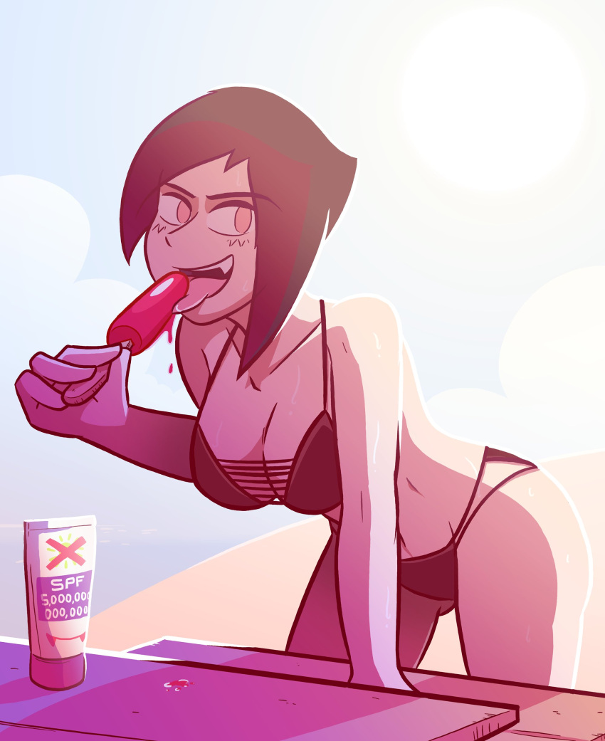 1girl :d absurdres bare_arms beach bikini black_hair breasts collarbone english_commentary food highres holding holding_food holding_popsicle leaning_forward looking_at_viewer lotion medium_breasts multi-strapped_bikini_bottom navel original outdoors popsicle red_eyes sam_logan smile solo sunscreen swimsuit toon_(style) vampire