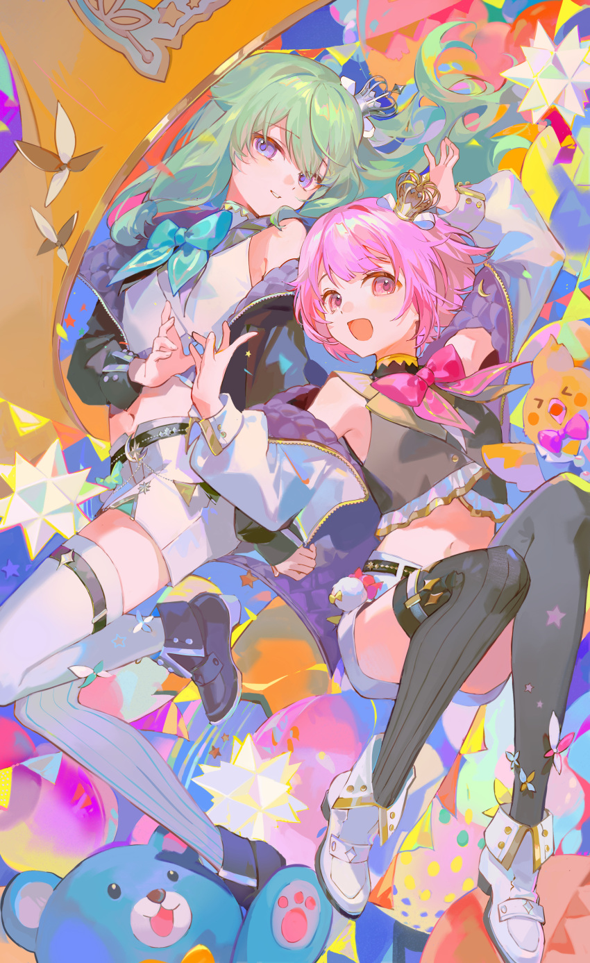 2girls :d absurdres aqua_bow aqua_bowtie arm_up bird black_footwear black_jacket black_shirt black_thighhighs boots bow bowtie chick commentary_request crown full_body green_hair hand_up highres hlymoriia jacket kusanagi_nene long_hair long_sleeves looking_at_viewer mini_crown multiple_girls navel ootori_emu open_clothes open_jacket open_mouth parted_lips pink_bow pink_bowtie pink_eyes pink_hair project_sekai purple_eyes shirt short_hair shorts smile stuffed_animal stuffed_toy teddy_bear thighhighs white_footwear white_jacket white_shorts white_thighhighs