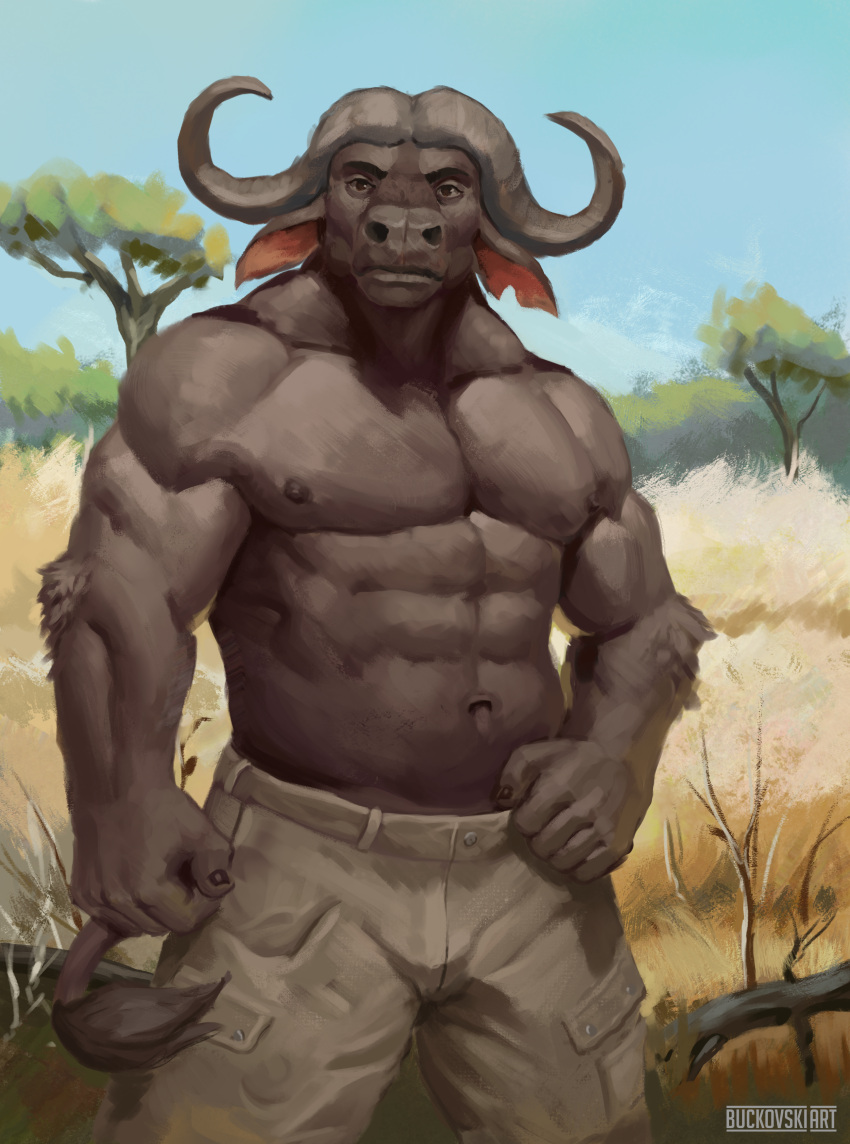 absurd_res animal_humanoid anthro barechested bottomwear bovid bovid_humanoid bovine bovine_humanoid brown_body brown_eyes brown_fur buckovskiart buffalo_(disambiguation) cattle clothing fur grass_field hi_res horn humanoid male male/male mammal mammal_humanoid muscular nature nature_background outside plant savanna shirtless shirtless_(male) shirtless_anthro shirtless_male shorts sky solo tail tree