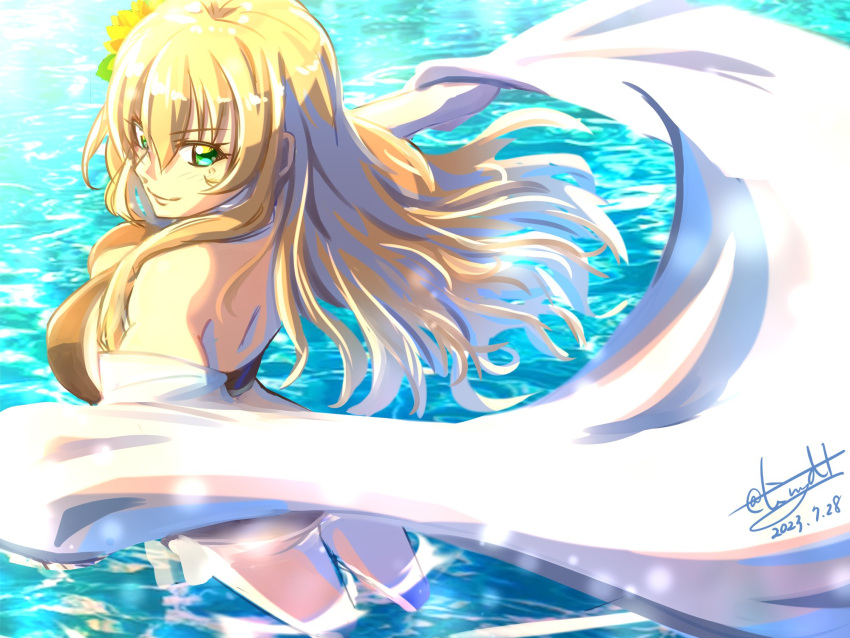 1girl bikini blonde_hair breasts dated double-parted_bangs eiyuu_densetsu floating_hair flower green_eyes hair_flower hair_ornament highres ilya_platiere large_breasts long_hair looking_at_viewer ocean outdoors sidelocks signature smile solo standing standing_on_liquid swimsuit tinybiard towel twitter_username water zero_no_kiseki