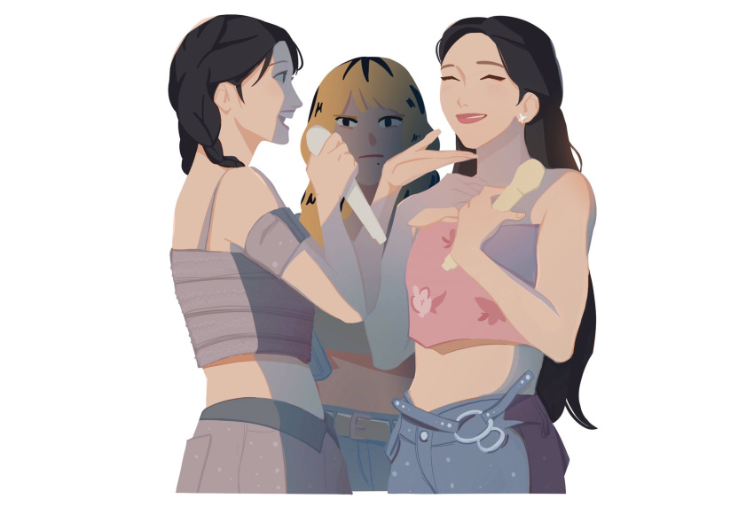 3girls ^_^ animification annoyed belt black_pants blonde_hair blue_pants braid brown_belt chaeyoung_(twice) closed_eyes cropped_shirt denim earrings frown grey_camisole grey_shirt grey_skirt hair_behind_ear hand_on_another's_chin highres jeans jewelry k-pop long_hair midriff mina_(twice) mole mole_under_eye multicolored_hair multiple_girls nayeon_(twice) pants pink_shirt pleated_skirt real_life sabdagio shirt skirt smile strapless strapless_shirt streaked_hair twice_(group) twin_braids very_long_hair white_background
