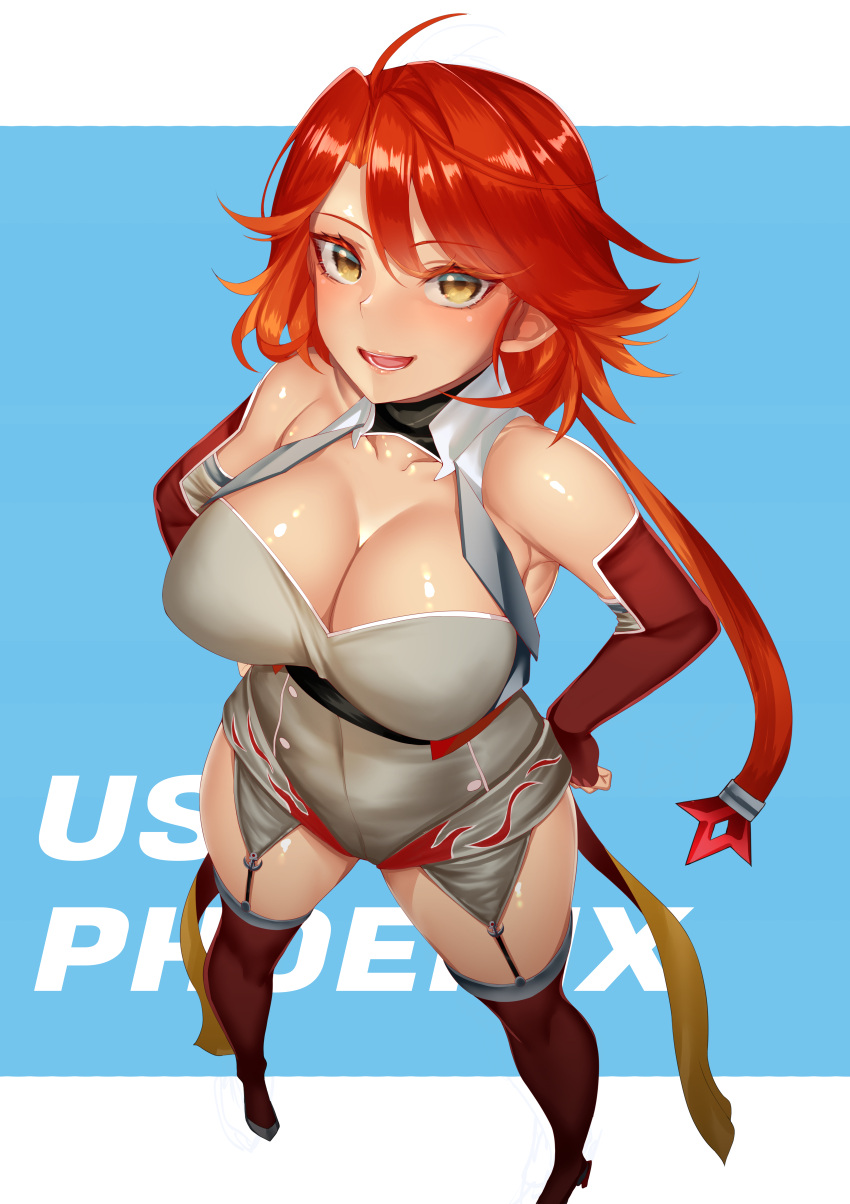 1girl absurdres ahoge azur_lane bare_shoulders breasts character_name cleavage commission covered_navel elbow_gloves fingerless_gloves from_above garter_straps gloves gradient_hair high_heels highres large_breasts light_blush looking_at_viewer miso_tanuki multicolored_hair open_mouth orange_hair phoenix_(azur_lane) red_gloves red_hair red_thighhighs short_hair simple_background skeb_commission smile solo standing thighhighs yellow_eyes