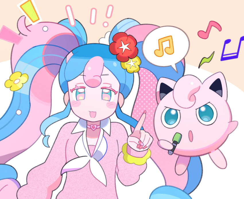 1girl :d :o blue_eyes blue_hair blush choker colored_eyelashes commentary_request earrings fairy_miku_(project_voltage) flower hair_flower hair_ornament hand_up hatsune_miku heart heart_choker highres index_finger_raised jewelry jigglypuff klarogiraffe long_hair long_sleeves looking_at_viewer multicolored_hair music musical_note nail_polish neckerchief notice_lines open_mouth pink_choker pink_hair pink_nails pink_sweater pokemon pokemon_(creature) project_voltage red_flower scrunchie sidelocks singing smile speech_bubble sweater twintails two-tone_hair upper_body very_long_hair vocaloid white_neckerchief wrist_scrunchie yellow_flower yellow_scrunchie