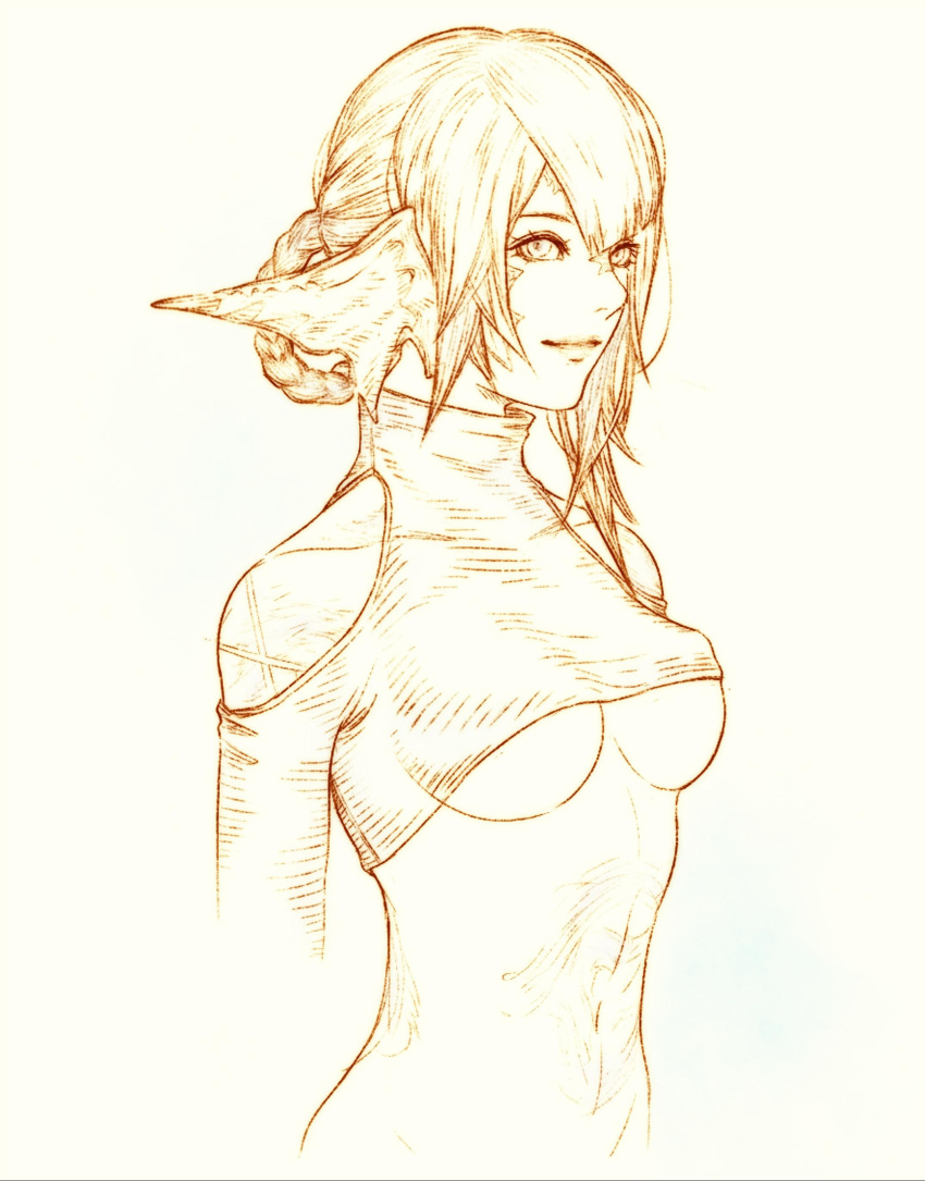 1girl absurdres asymmetrical_hair au_ra bottomless braid breasts closed_mouth clothing_cutout commission crop_top final_fantasy final_fantasy_xiv highres horns looking_at_viewer medium_breasts monochrome monster_girl navel revealing_clothes shoulder_cutout simple_background smile solo underboob warrior_of_light_(ff14) white_background yellow_theme yuzero