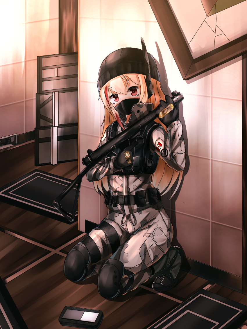 1girl absurdres black_footwear black_headwear boots canadian_flag frost_(rainbow_six_siege) girls'_frontline highres long_hair looking_at_viewer m4_sopmod_ii_(girls'_frontline) pink_hair rainbow_six rainbow_six_siege red_eyes solo tist