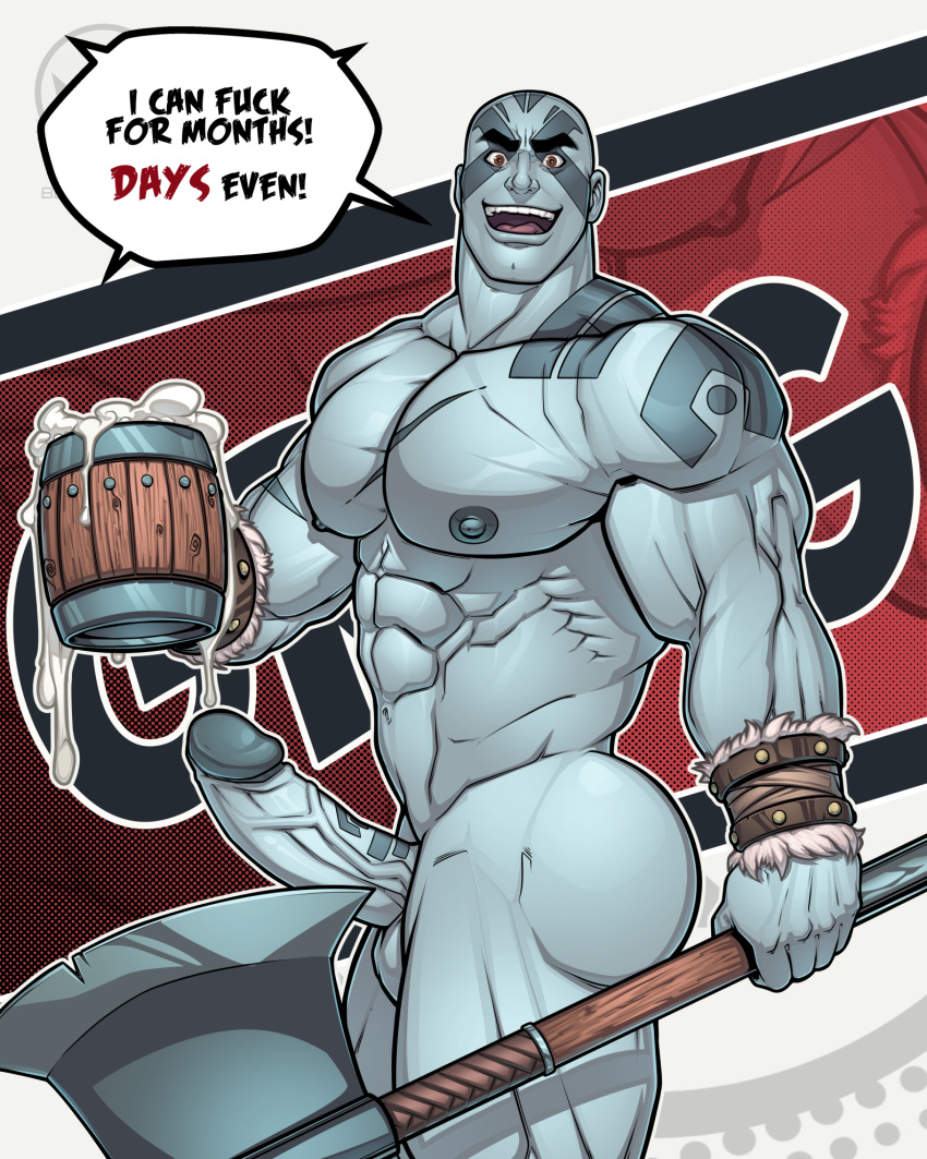 1boy :d abs axe bald bara battle_axe beer_mug blitzturner blue_skin bracer chest_harness colored_skin completely_nude critical_role cup english_text erection feet_out_of_frame grog_strongjaw harness head_tattoo highres holding holding_axe holding_cup large_pectorals looking_at_viewer male_focus mature_male mug muscular muscular_male navel nipples nude paid_reward_available pectorals penis scar scar_on_chest shoulder_tattoo smile solo stomach tattoo the_legend_of_vox_machina thick_eyebrows thick_thighs thighs uncensored veins veiny_penis weapon
