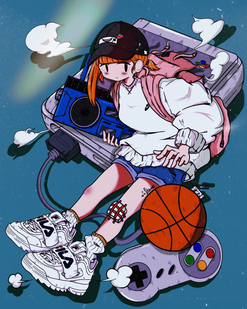 1girl backpack bag ball bandaid bandaid_on_knee bandaid_on_leg baseball_cap basketball_(object) black_eyes black_headwear blue_background blue_shorts blunt_bangs boombox commentary fila full_body game_console halftone hat highres holding_boombox leg_tattoo long_sleeves looking_at_viewer nao97122 nike orange_hair original pink_bag ribbed_socks shoes shorts sitting sneakers socks solo super_famicom super_famicom_gamepad sweater tattoo white_footwear white_socks white_sweater