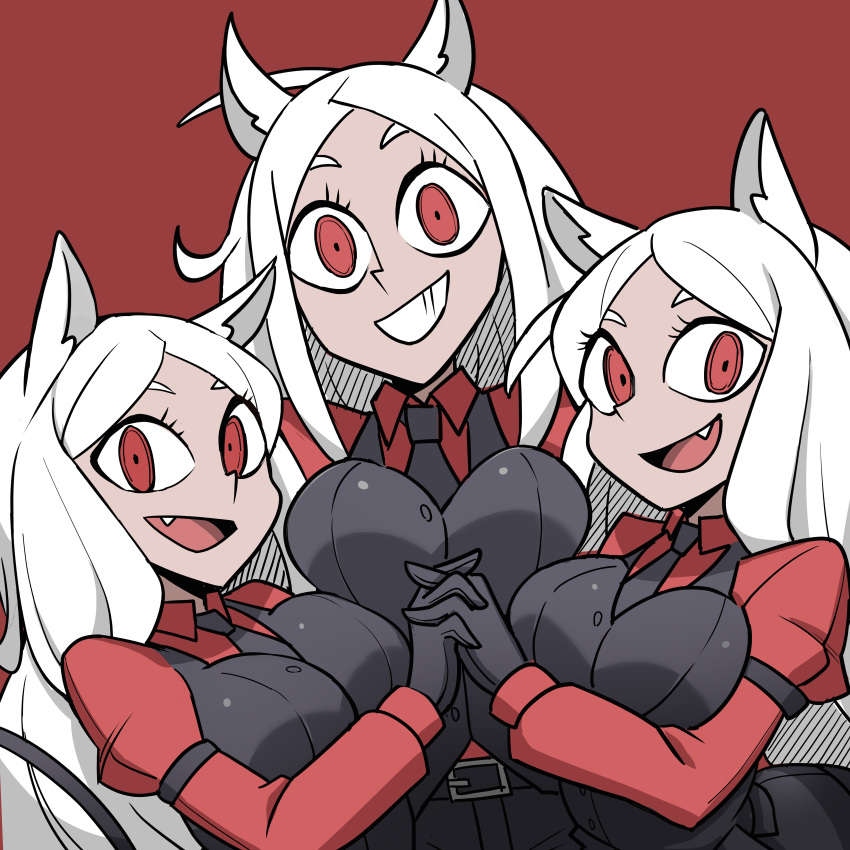 3girls :d absurdres animal_ears arm_garter belt_buckle black_gloves black_necktie black_tail black_vest breasts buckle cerberus_(helltaker) collared_shirt demon_girl demon_tail dog_ears dog_girl fang formal gloves grin helltaker highres holding_hands interlocked_fingers large_breasts long_hair long_sleeves looking_at_viewer multiple_girls necktie open_mouth parted_bangs red_background red_eyes red_shirt shirt simple_background smile tail triplets upper_body vest white_hair xiaodi