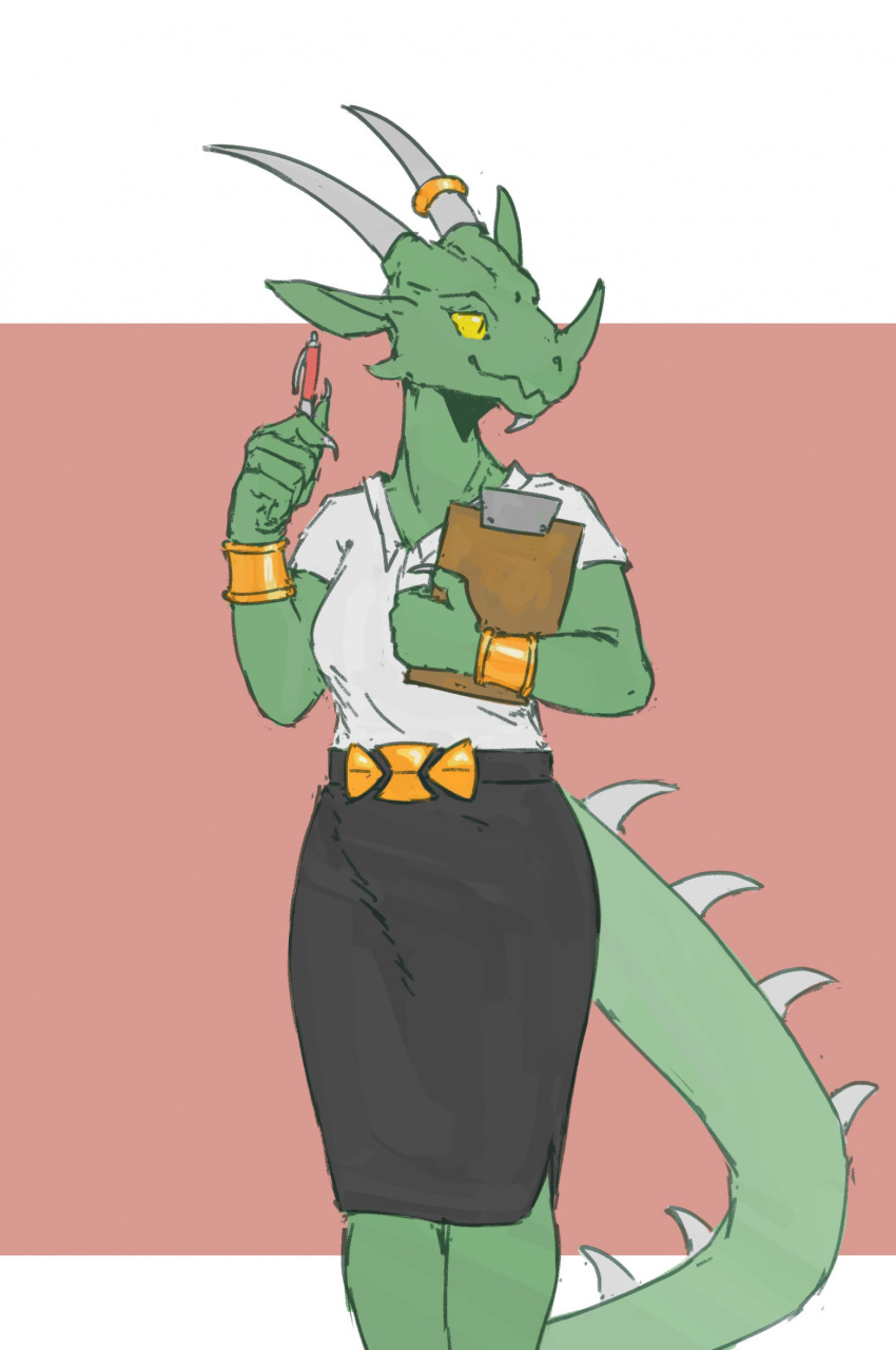 accessory adressa_(sindri) anthro bottomwear breasts claws clothed clothing digital_media_(artwork) dragon female furgonomics gold_(metal) green_body hi_res horn horn_accessory hornband pen reptile scalie smile solo zed-s