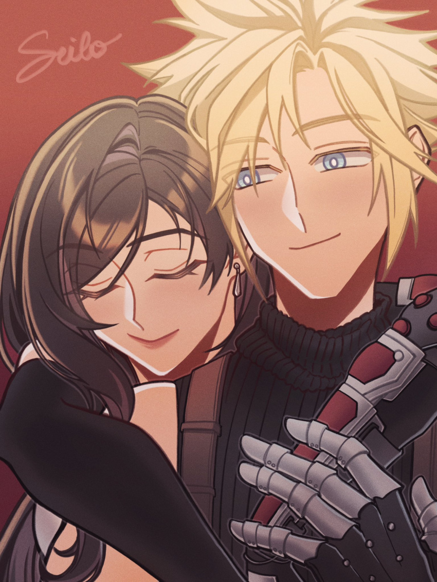 1boy 1girl arm_guards artist_name black_gloves blonde_hair blue_eyes brown_hair closed_eyes closed_mouth cloud_strife commentary couple earrings elbow_gloves english_commentary final_fantasy final_fantasy_vii final_fantasy_vii_remake gloves gradient_background highres hug hug_from_behind jewelry light_blush lips long_hair looking_at_another ribbed_sweater seilidare short_hair signature single_bare_shoulder single_earring sleeveless sleeveless_turtleneck smile spiked_hair suspenders sweater swept_bangs teardrop_earring tifa_lockhart turtleneck turtleneck_sweater upper_body