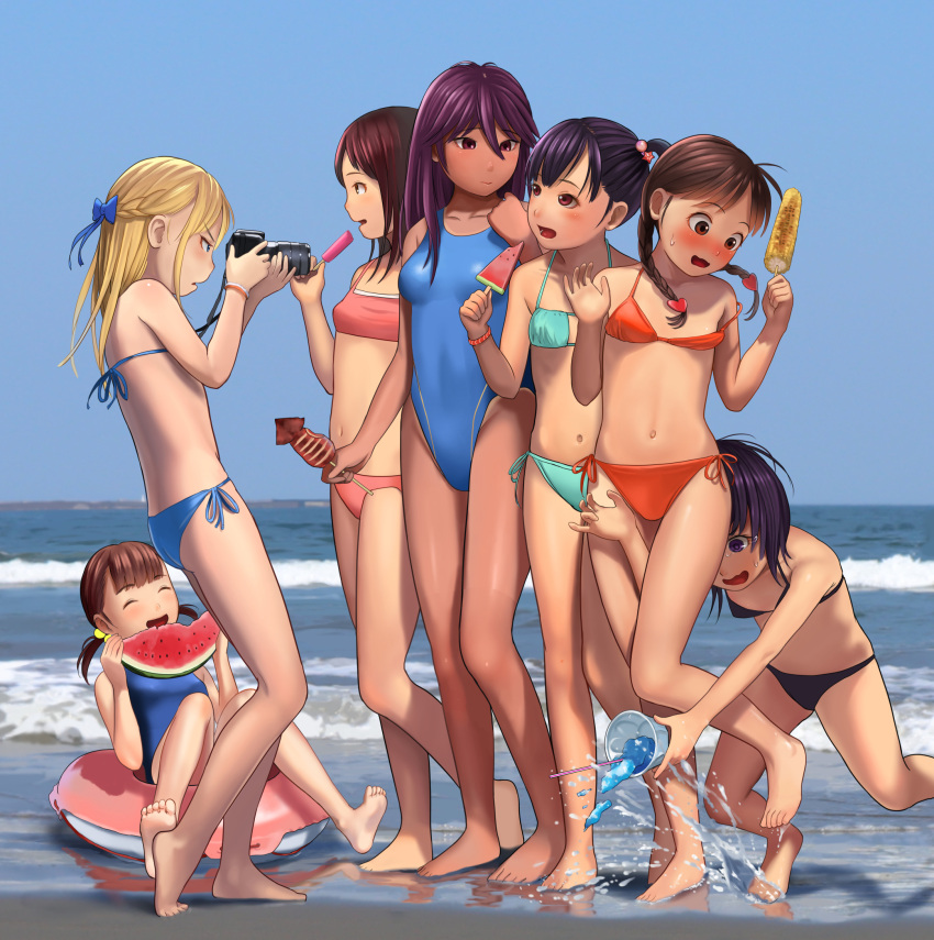 6+girls aqua_bikini bad_id bad_twitter_id barefoot beach bikini black_bikini black_hair blonde_hair blue_bikini blue_eyes blue_one-piece_swimsuit blush bow braid breasts camera closed_eyes corn cup disposable_cup eating feet food french_braid fruit hair_bobbles hair_bow hair_ornament heart heart_hair_ornament highres holding holding_food ikayaki inactive_account innertube jishimaru multiple_girls navel one-piece_swimsuit open_mouth orange_bikini original outdoors pink_bikini popsicle purple_eyes purple_hair side-tie_bikini_bottom sitting small_breasts spilling standing strap_slip swimsuit taking_picture toes tripping twin_braids twintails wardrobe_malfunction water watermelon watermelon_bar waves