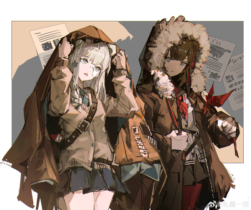 2girls absurdres animal_ears aqua_necktie arknights bare_legs bear_ears bear_girl belt black_sailor_collar black_skirt border brown_background brown_belt brown_cardigan brown_coat brown_hair brown_jacket cardigan chinese_commentary closed_mouth coat collared_shirt commentary_request cowboy_shot fur-trimmed_hood fur_trim grey_eyes grey_hair grey_skirt hands_up highres hood hood_up istina_(arknights) jacket jacket_on_shoulders monocle multicolored_hair multiple_girls neckerchief necktie open_mouth pantyhose pleated_skirt poster_(object) qiumoyixing red_hair red_neckerchief red_pantyhose sailor_collar shirt short_hair simple_background sketch skirt streaked_hair weibo_username white_shirt zima_(arknights)