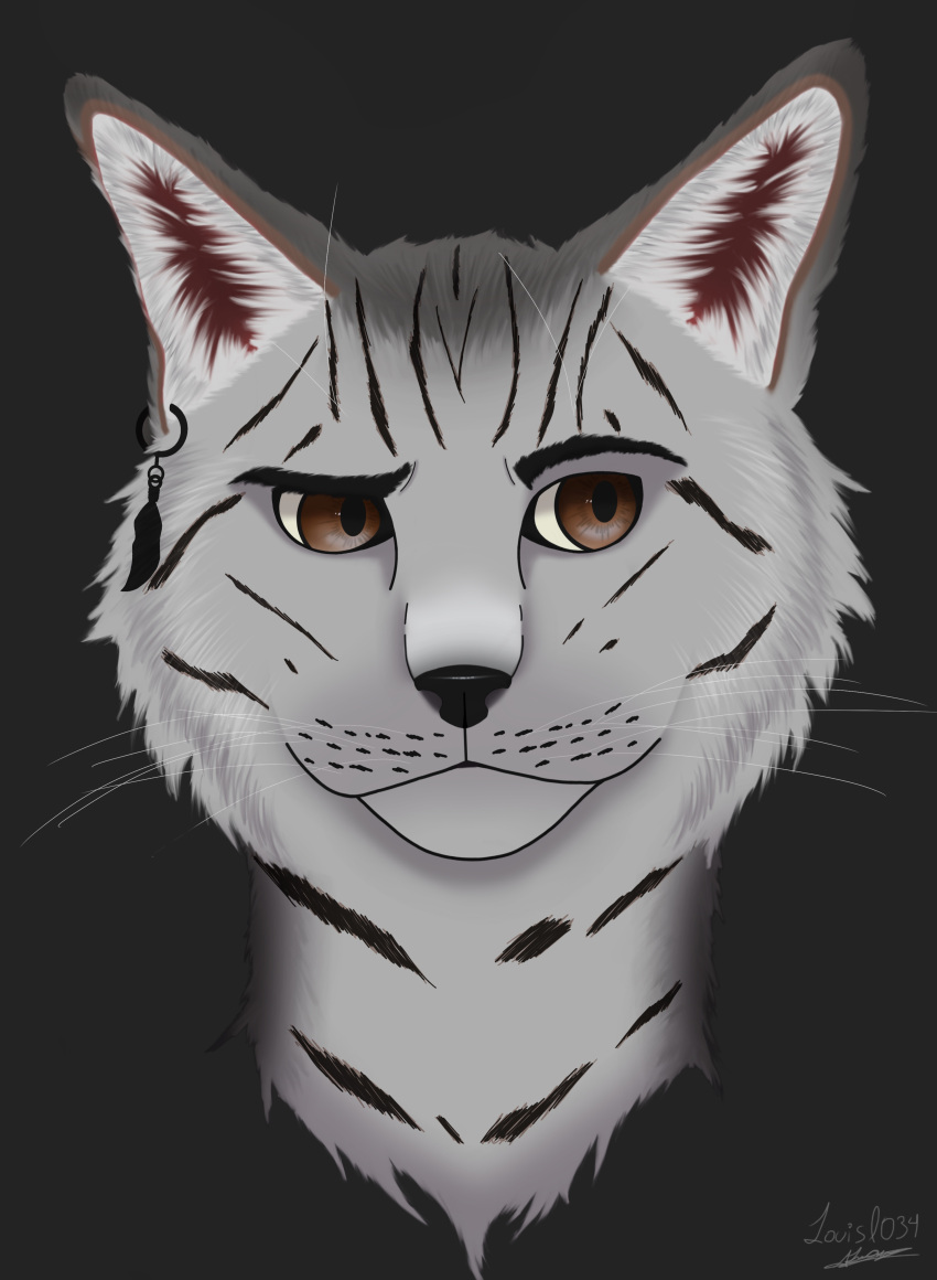 absurd_res anatomically_correct animal_humanoid anthro brown_eyes cat_humanoid domestic_cat ear_piercing felid felid_humanoid feline feline_humanoid felis fur grey_body grey_fur headshot_portrait hi_res humanoid louisl034 male male/male mammal mammal_humanoid neutral_expression piercing portrait realistic realistic_fur shaded shadow simple_background solo