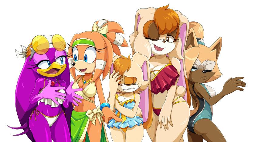 2019 absurd_res accessory age_difference anthro avian bandanna bikini bird blonde_hair blue_eyes bracelet breast_size_difference breasts brown_body brown_eyes brown_fur brown_hair butt canid canine canis cleavage clothed clothing collar cream_the_rabbit daughter_(lore) echidna eyelashes eyewear feathers female fur group hair hair_accessory hair_tie hi_res hirundinid idw_publishing jewelry kerchief lagomorph leporid mammal mature_female mobian_echidna mobian_rabbit mobian_swallow mobian_wolf monotreme mother_(lore) mother_and_child_(lore) mother_and_daughter_(lore) one-piece_swimsuit one_eye_closed open_mouth orange_body orange_fur orange_hair oscine parent_(lore) parent_and_child_(lore) parent_and_daughter_(lore) passerine purple_body purple_feathers purple_hair rabbit scittykitty sega sonic_adventure sonic_riders sonic_the_hedgehog_(comics) sonic_the_hedgehog_(idw) sonic_the_hedgehog_(series) sunglasses swallow_(bird) swimwear tan_body tan_fur tikal_the_echidna vanilla_the_rabbit wave_the_swallow whisper_the_wolf wink wolf