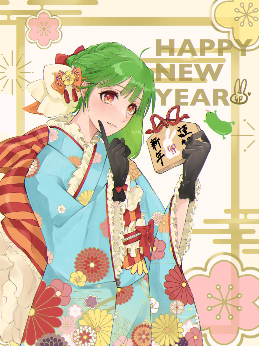 1girl absurdres black_gloves blue_kimono bow brown_eyes finger_to_cheek flower gloves green_hair hair_behind_ear hair_bow happy_new_year head_tilt highres holding huge_bow japanese_clothes kabu_(kaopako_) kimono looking_at_viewer macross macross_frontier obi oosanshouuo-san orange_bow pink_flower ranka_lee red_bow sash short_hair smile solo striped striped_bow yellow_flower